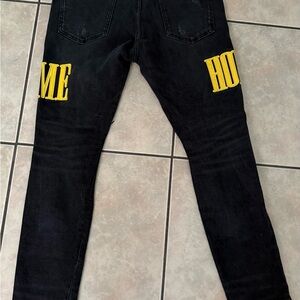 Homme + Femme Black Skinny Jeans with Yellow Text Details